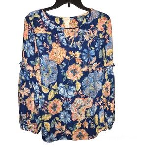 Chico’s Floral Smocked Peasant‎ Balloon Sleeve Blouse Blue 1